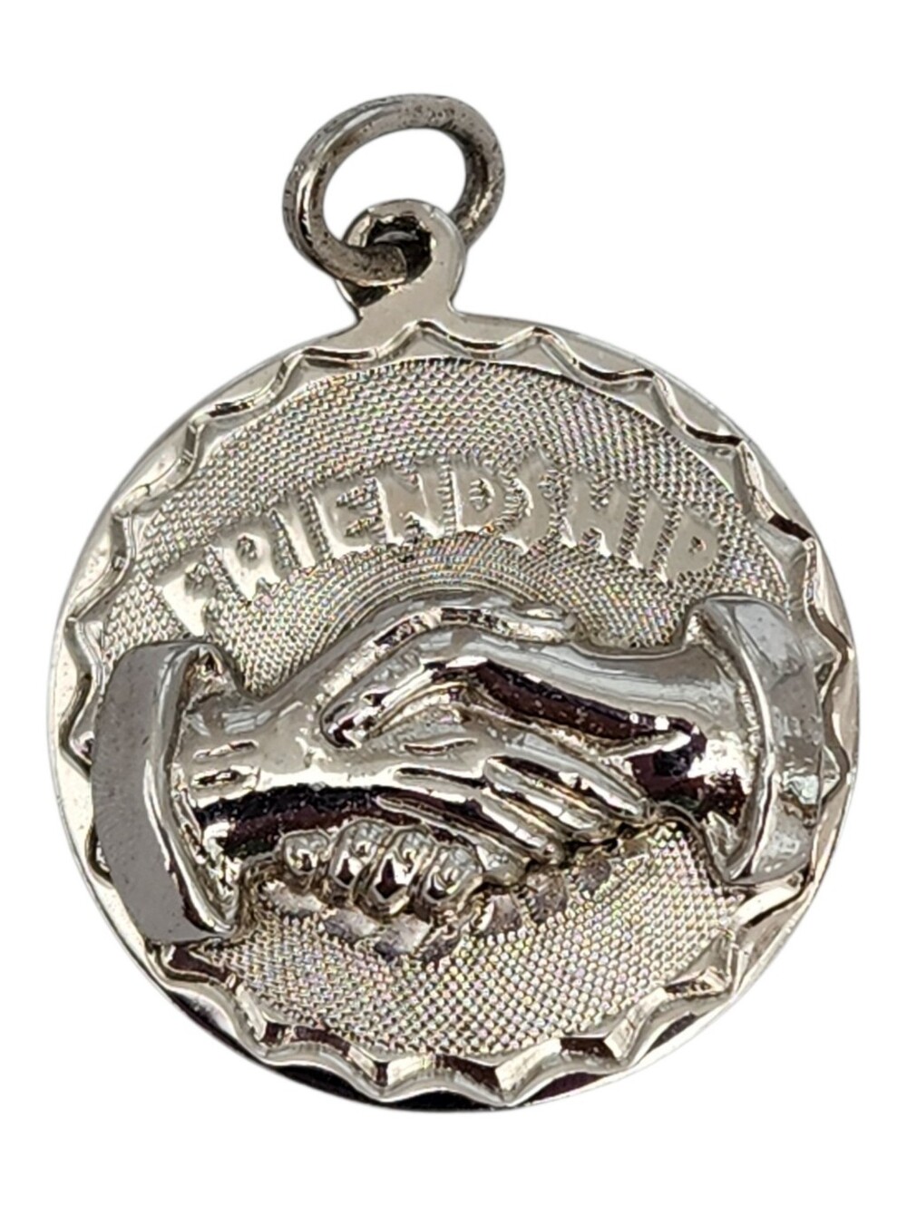 Sterling Silver Elco Friendship 3D Handshake Vintage Disc Charm Pendant